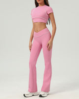 Pink Round Neck Yoga Short Sleeve Top - Light Support