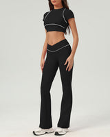 Black Round Neck Yoga Short Sleeve Top - Light Support