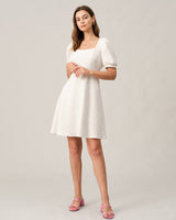 The Solid Textured Puff Sleeve Mini Dress
