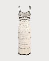 The Beige Scalloped Pointelle Knit Midi Dress