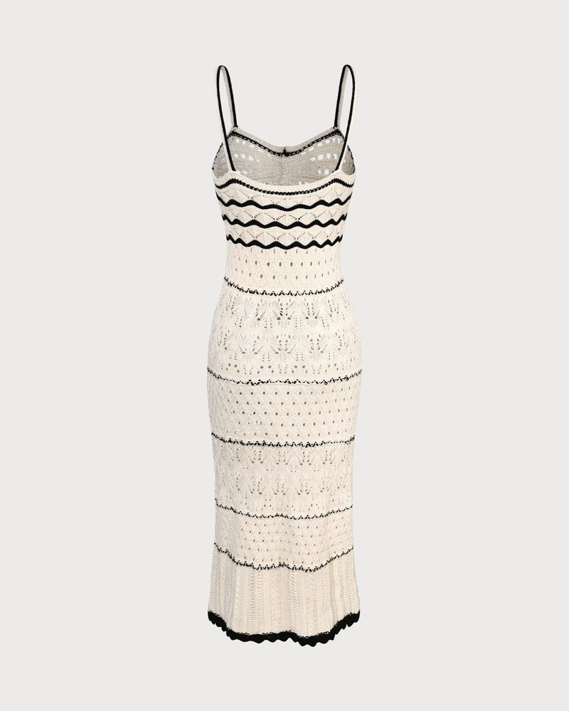 The Beige Scalloped Pointelle Knit Midi Dress