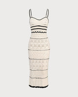 The Beige Scalloped Pointelle Knit Midi Dress