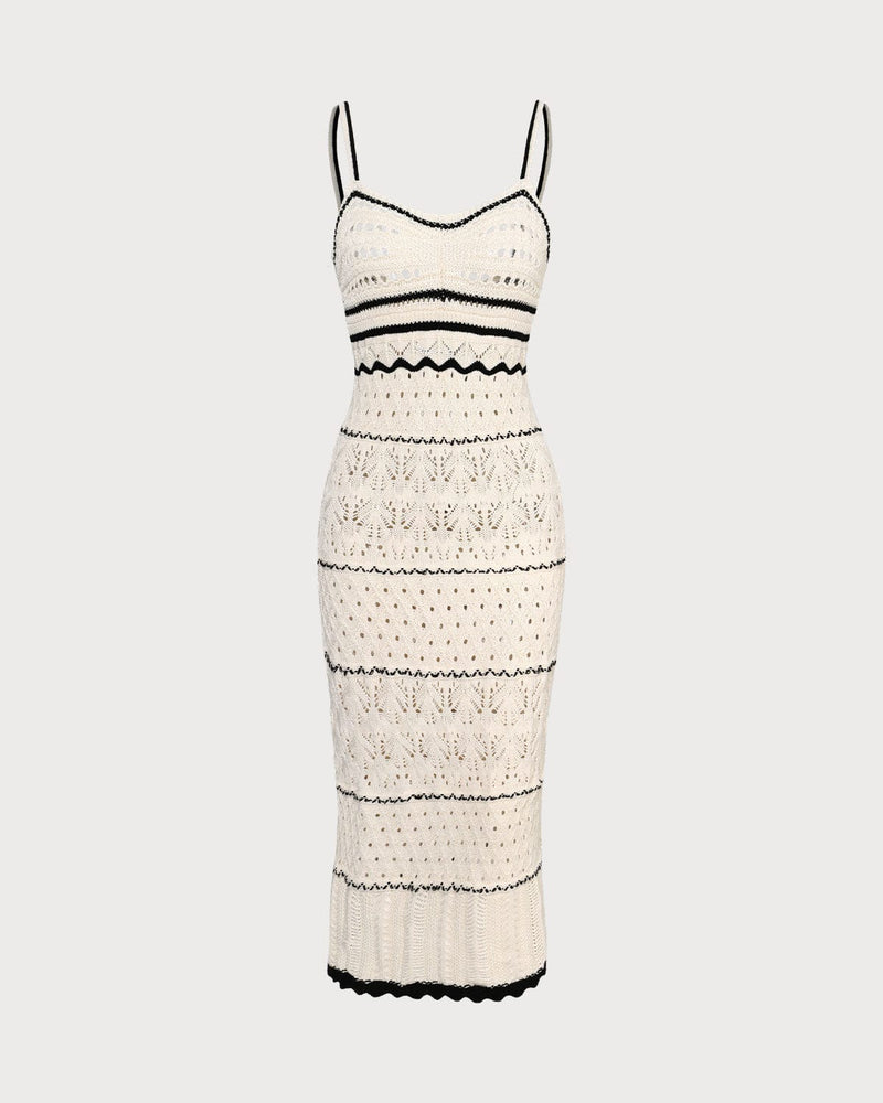The Beige Scalloped Pointelle Knit Midi Dress