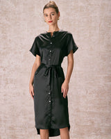The Black Crew Neck Belted Satin Midi Dress