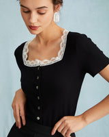 The Black Square Neck Ribbed Lace Trim Knit Tee