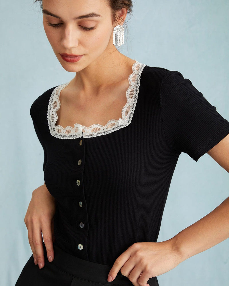 The Black Square Neck Ribbed Lace Trim Knit Tee