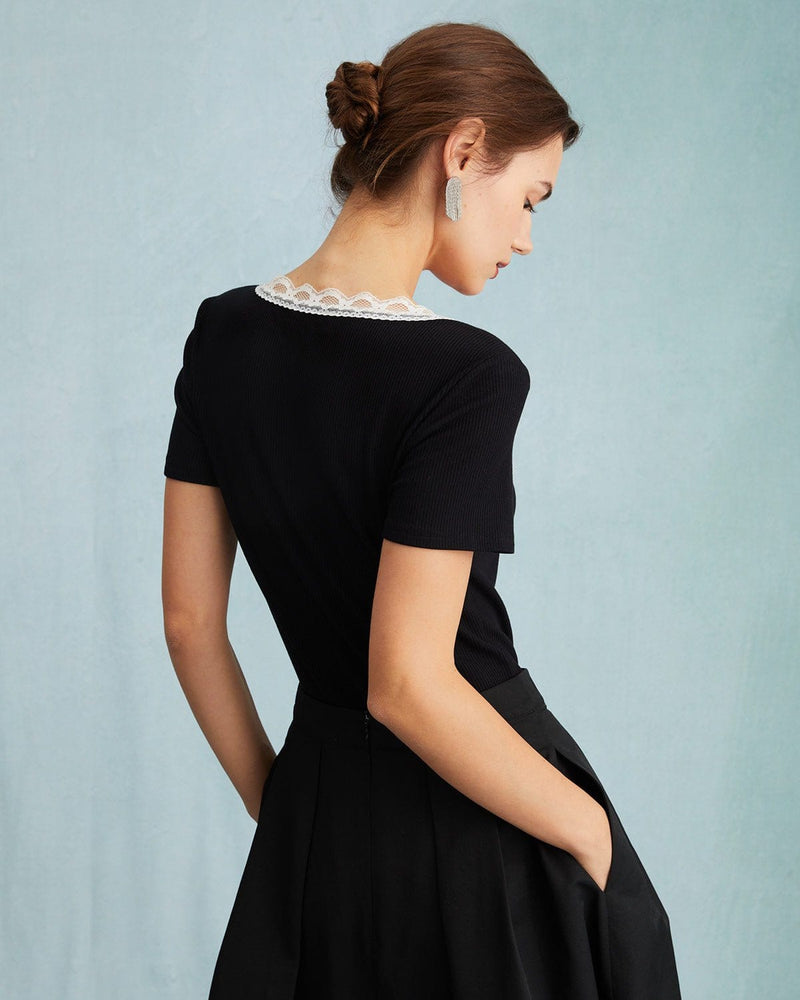 The Black Square Neck Ribbed Lace Trim Knit Tee