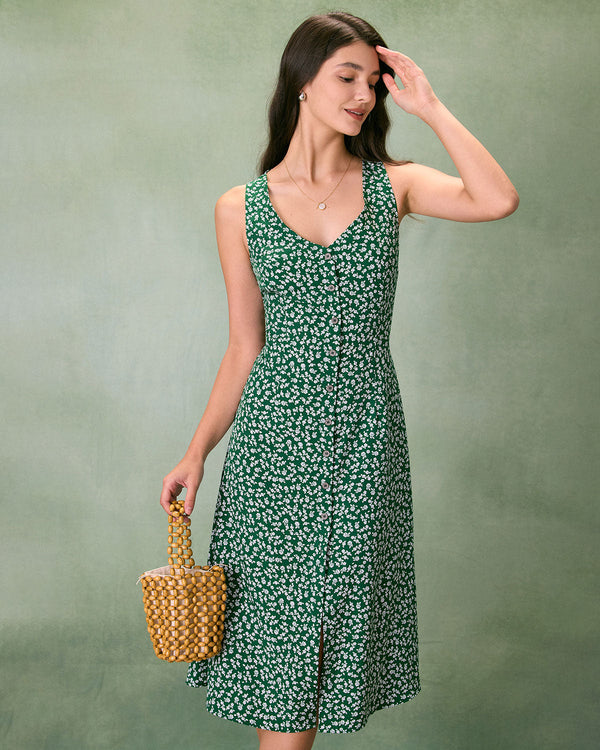 The Green V Neck Floral Button Midi Dress