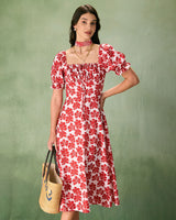 The Red Square Neck Floral Ruched Midi Dress