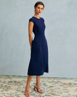 The Navy Round Neck Polka Dot Cutout Midi Dress
