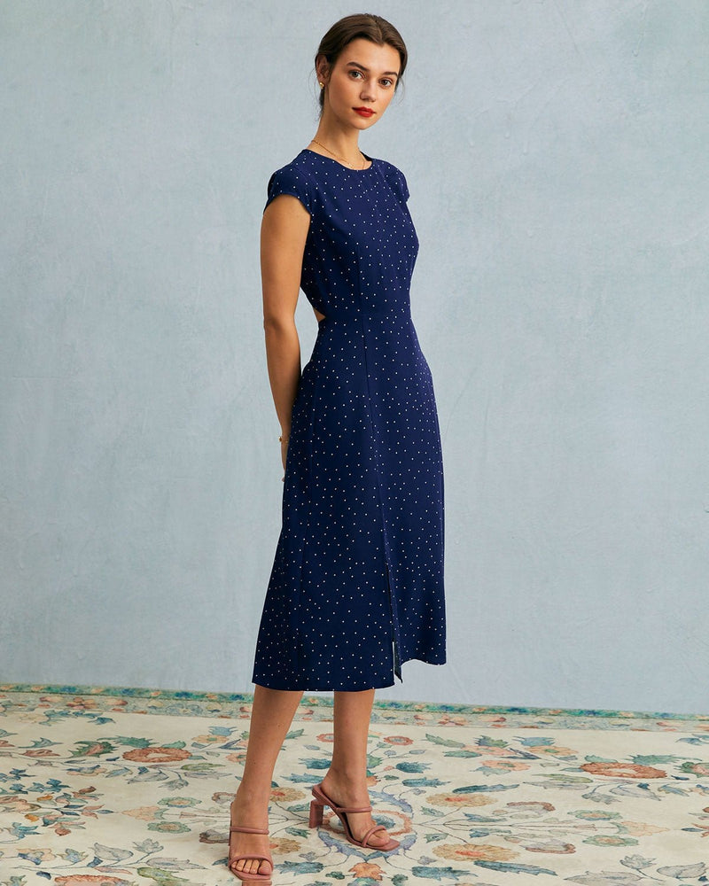 The Navy Round Neck Polka Dot Cutout Midi Dress