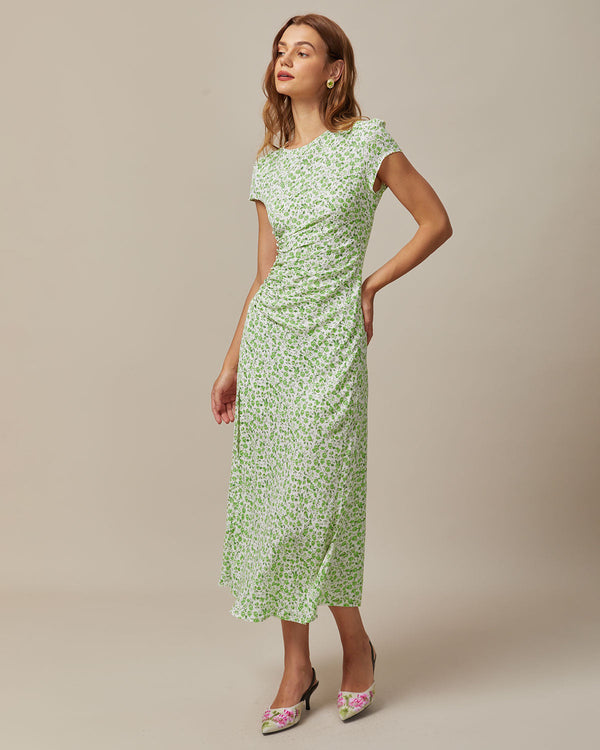 Green Round Neck Floral Midi Dress