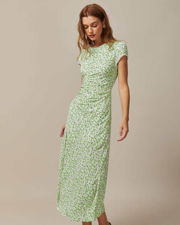 Green Round Neck Floral Midi Dress