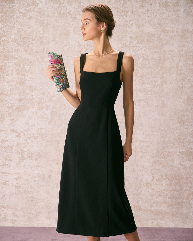 The Black Square Neck Sheath Midi Dress