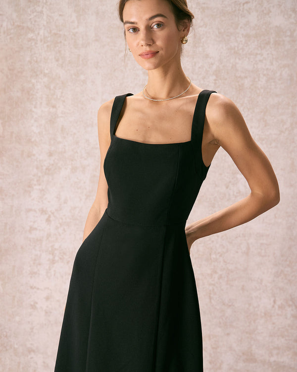 The Black Square Neck Sheath Midi Dress