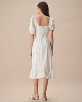 The Beige Puff Sleeve Striped Split Cotton Midi Dress