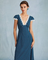 The Navy V Neck Polka Dot Lace Ruched Maxi Dress