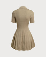 Khaki A-Line Pleated Sweater Mini Dress