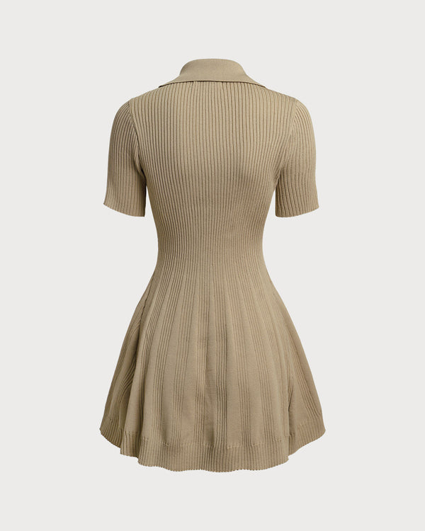 Khaki A-Line Pleated Sweater Mini Dress