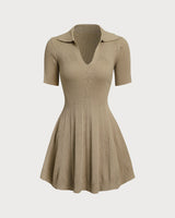 Khaki A-Line Pleated Sweater Mini Dress