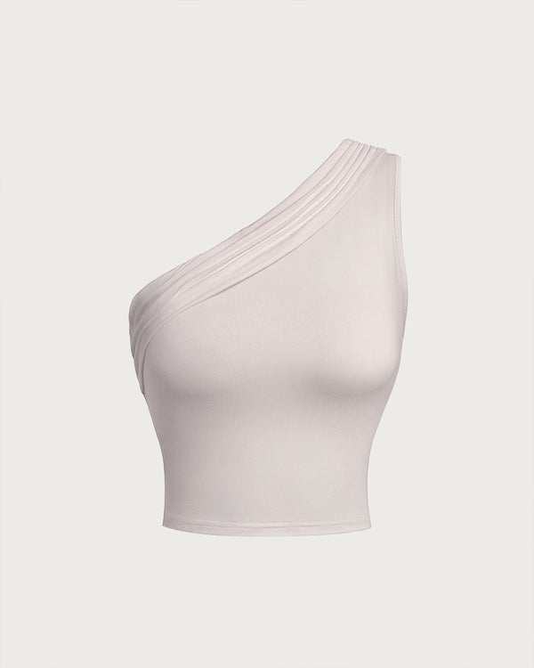 Beige Ruched One Shoulder Tank Top