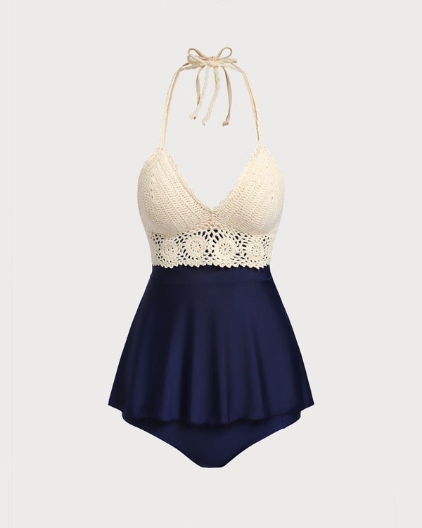 Apricot Contrast Crochet Halter Tankins