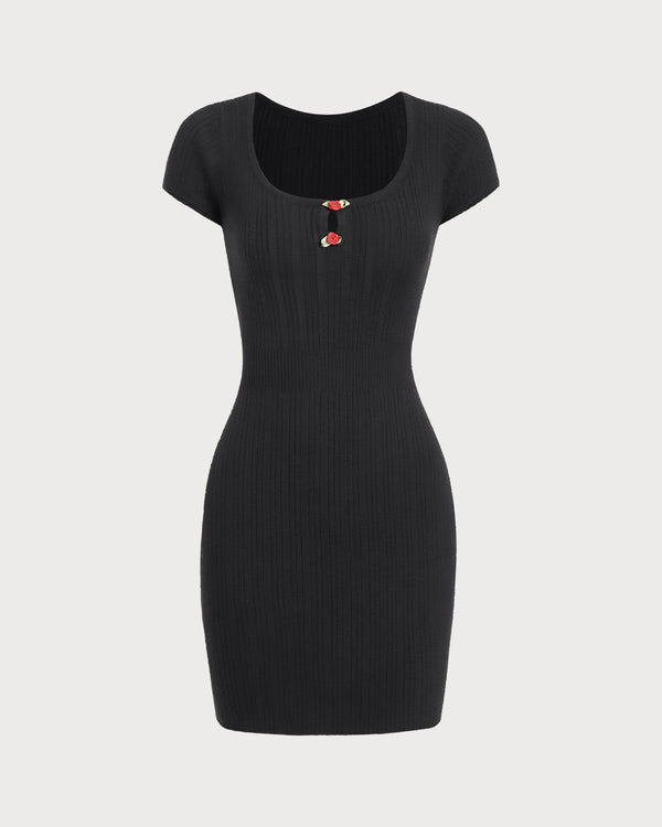 Black Round Neck Ribbed Mini Dress