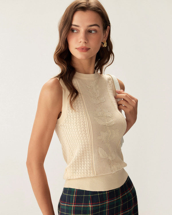Beige Crew Neck Knit Tank Top