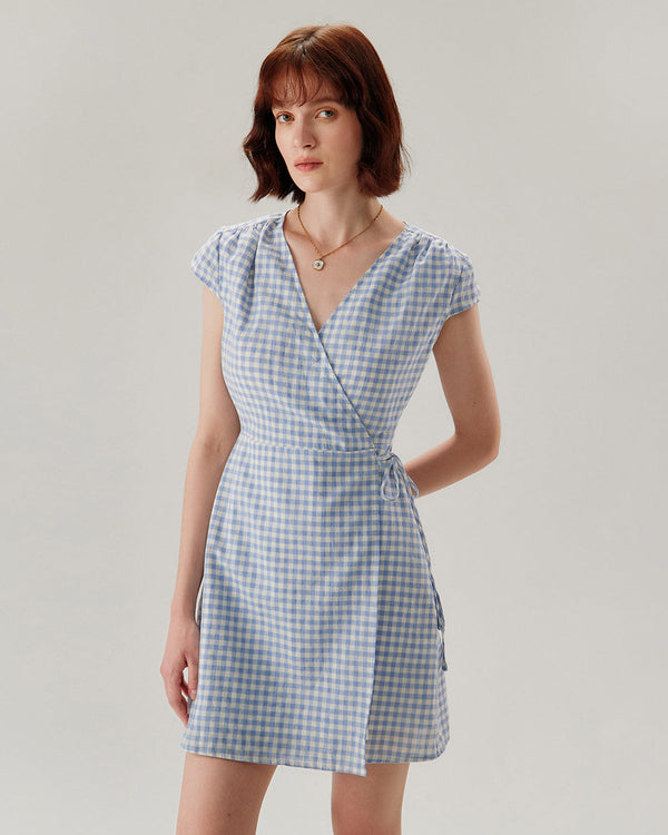 Blue Plaid Cap Sleeve Wrap Mini Dress