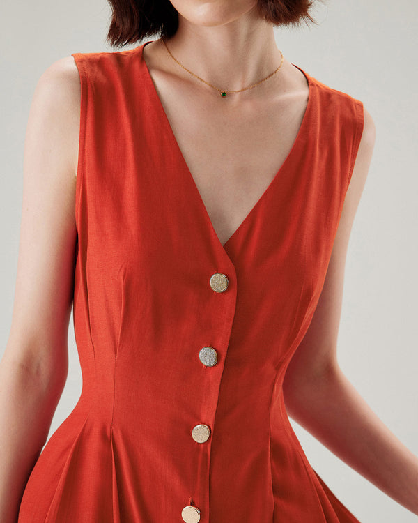 Red V-neck Button Sleeveless Midi Dress