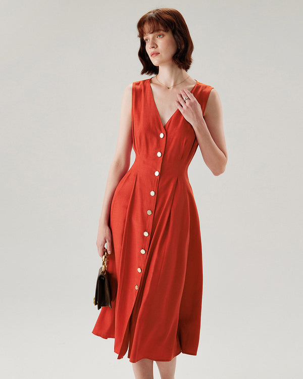 Red V-neck Button Sleeveless Midi Dress