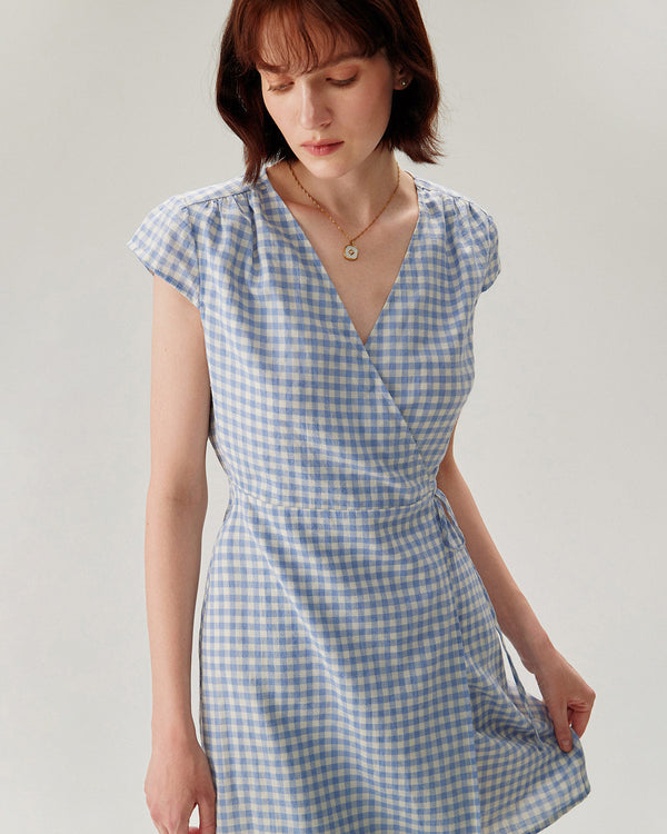 Blue Plaid Cap Sleeve Wrap Mini Dress