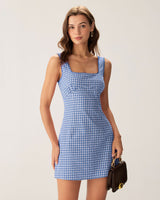 Blue Plaid Square Neck Slip Mini Dress