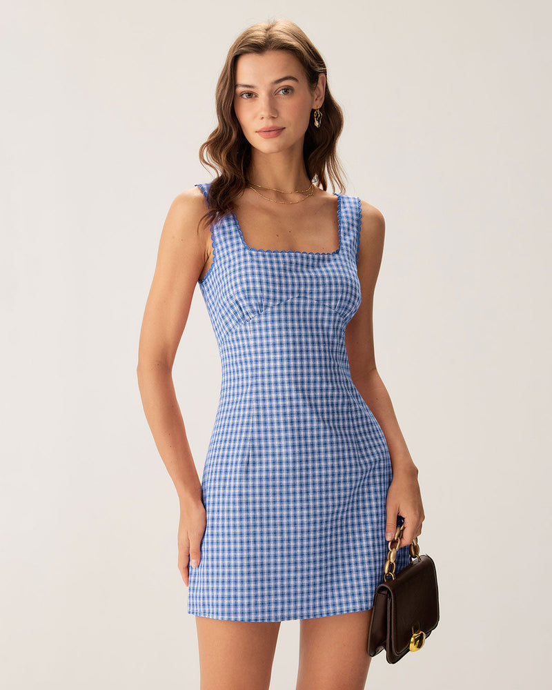Blue Plaid Square Neck Slip Mini Dress