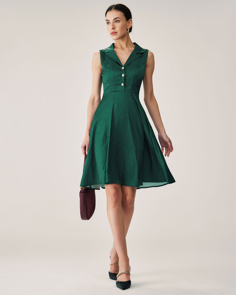 Green Polka Dot Sleeveless Midi Dress