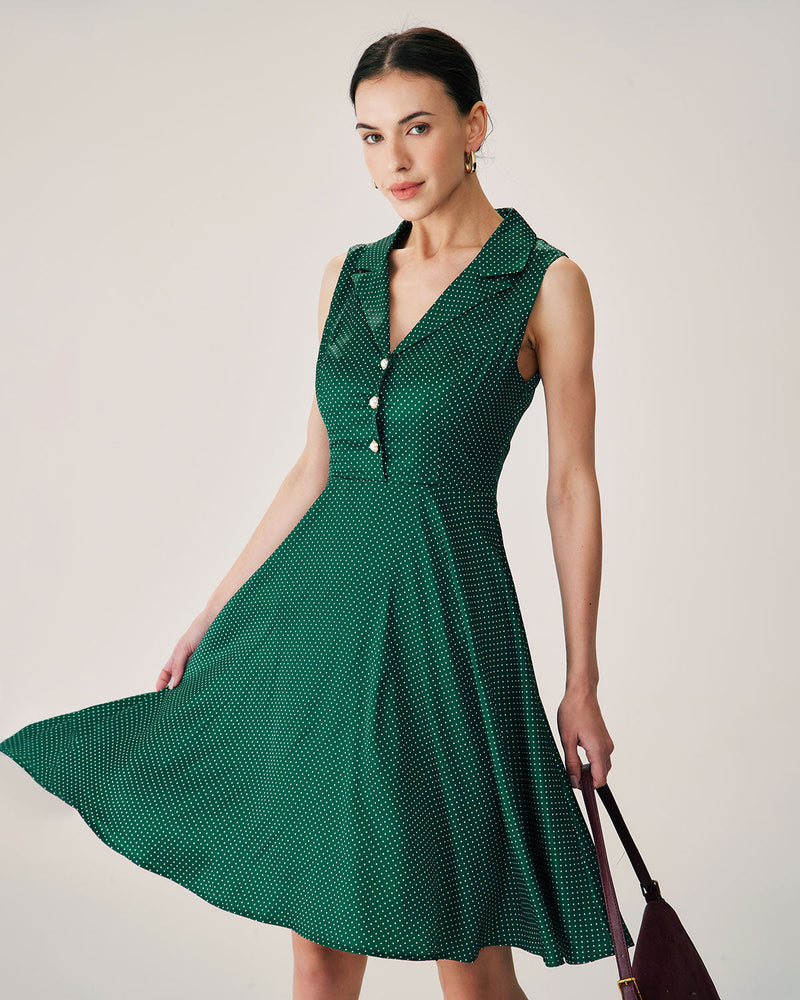 Green Polka Dot Sleeveless Midi Dress