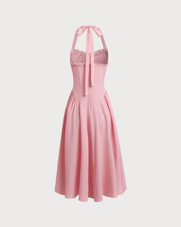 Pink Ruched Halter Midi Dress