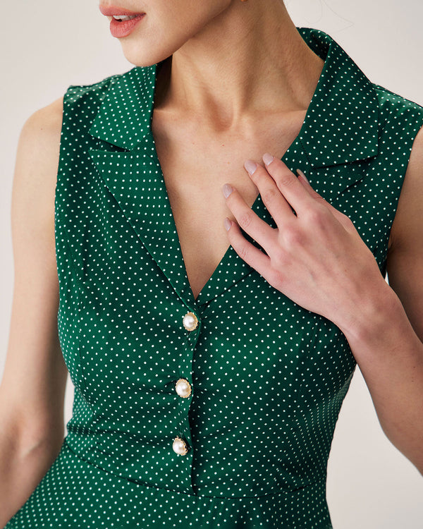 Green Polka Dot Sleeveless Midi Dress