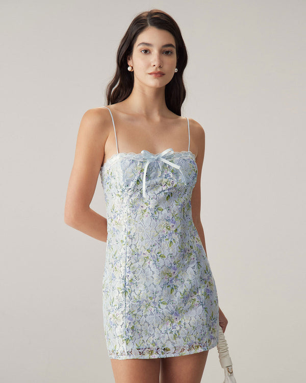 Blue Floral Lace Slip Mini Dress