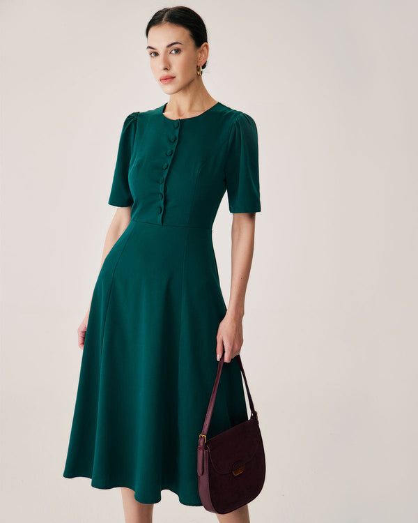 Green Puffed Sleeve Button Midi Dress