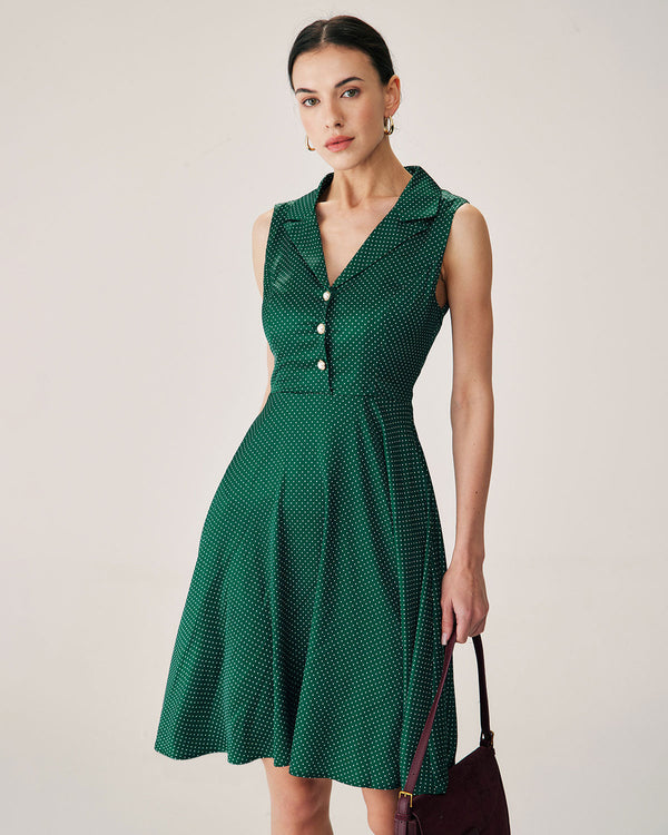 Green Polka Dot Sleeveless Midi Dress