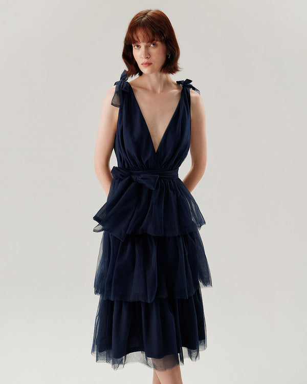 Navy Tiered Backless Maxi Dress