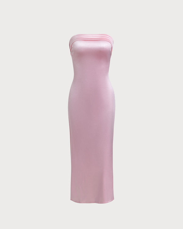 Pink Satin Strapless Maxi Dress