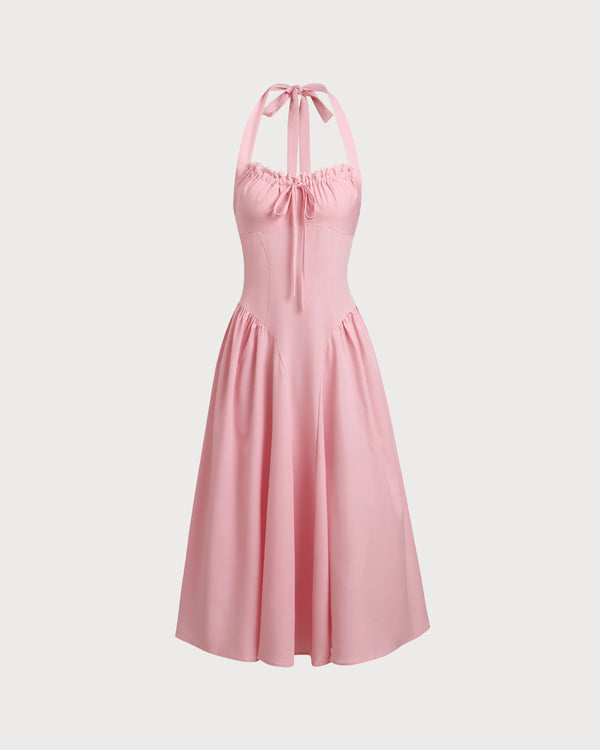 Pink Ruched Halter Midi Dress