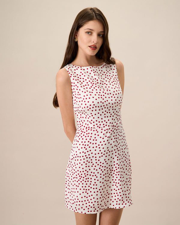 Women's White Boat Neck Polka Dot Mini Dress