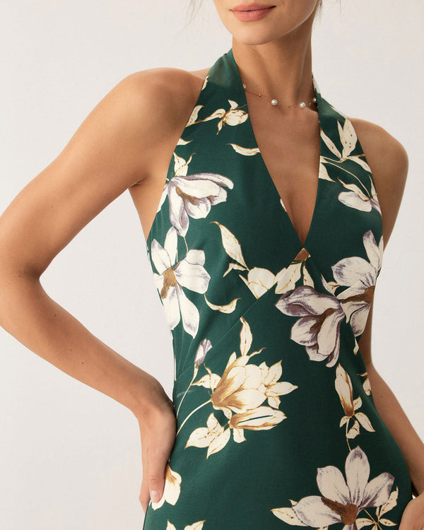 Green Floral Halter Maxi Dress