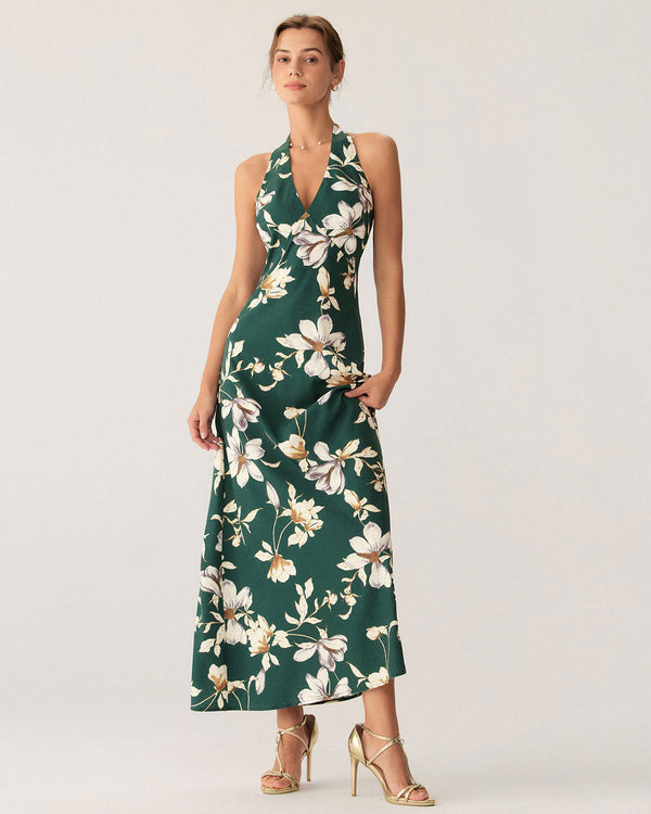 Green Floral Halter Maxi Dress