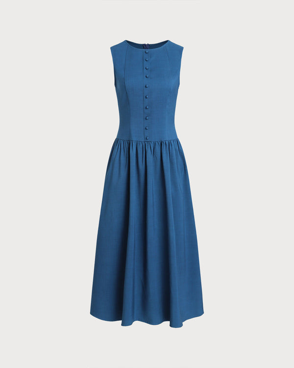 Blue Boat Neck Button Sleeveless Midi Dress