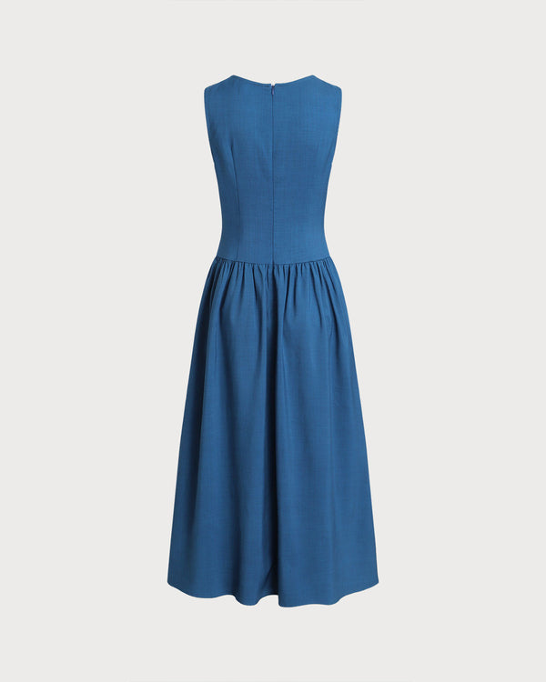 Blue Boat Neck Button Sleeveless Midi Dress