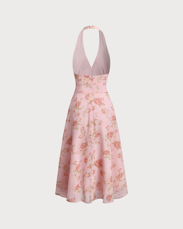 Pink Floral Halter Backless Midi Dress